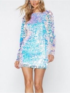 Iridescent Sequin Fringe Party Mini Body Con Dress M